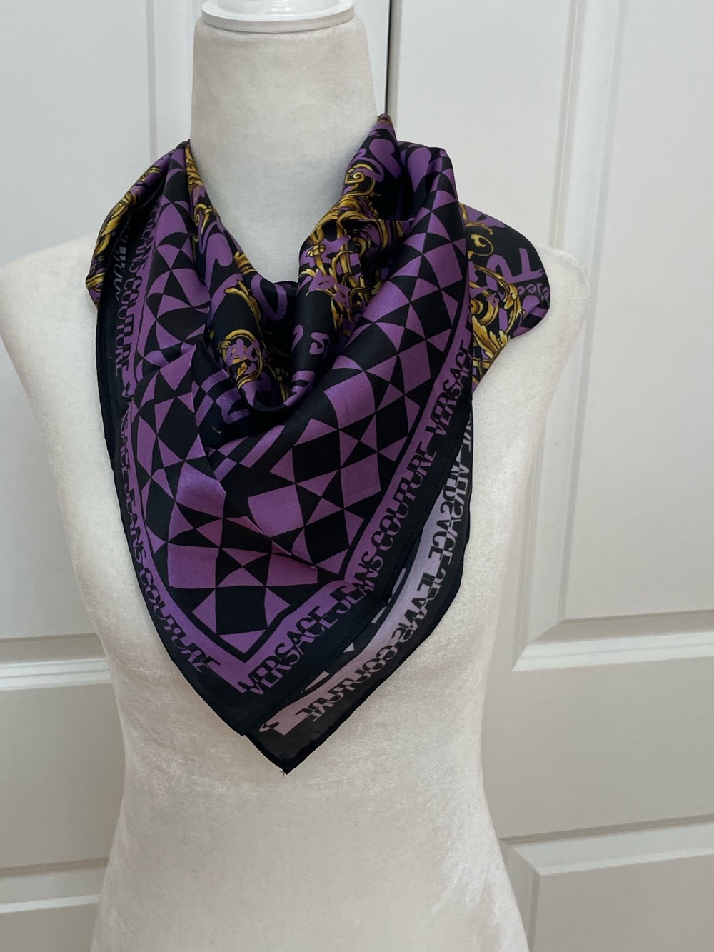 Versace Jeans Couture 100% Silk Square Scarf Purple Black Gold NWT
